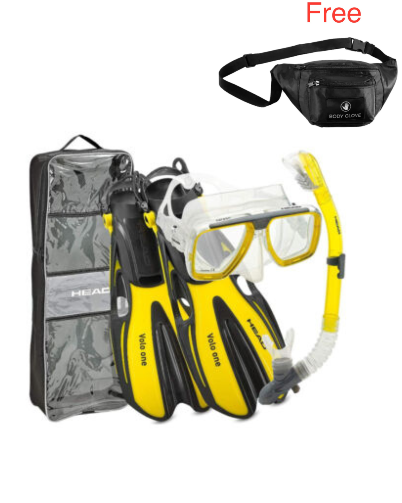 HEAD Tarpon/Barracuda Volo Mask Snorkel Fin Set with FREE Body Glove Fanny Pack